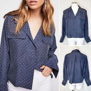 Free People | "Kim’s Silk Button Down" 100% Silk Polka Dot Blouse in Navy Sz. S
